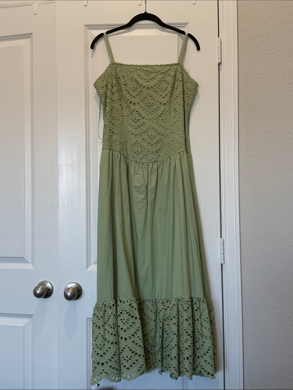 Astr Eyelet Spaghetti-Strap Midi Dress in Sage Green